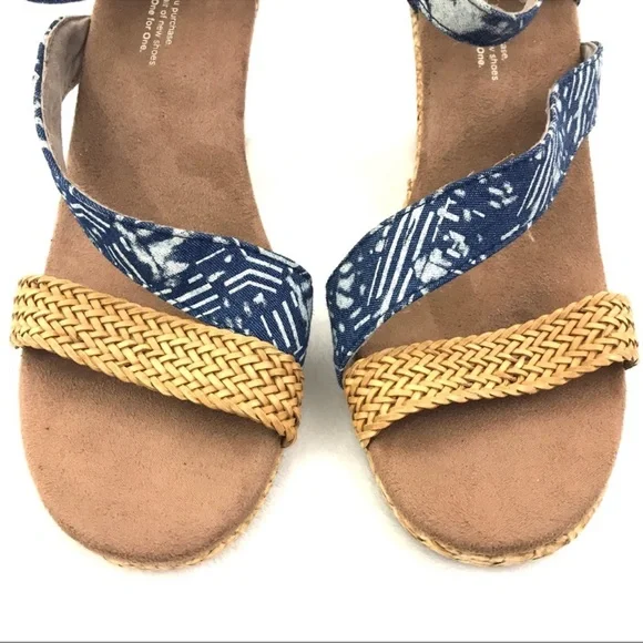 NWOT TOMS Clarissa Ankle Strap Wedge Sandals Shoe Blue Rattan - Picture 4 of 6